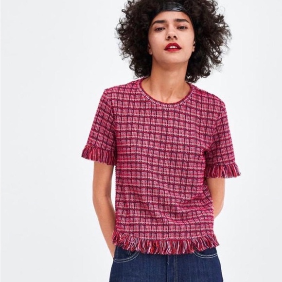 Zara Tops - Zara Red and Blue Fringed Tweed Short Sleeve Top Size Small Women’s